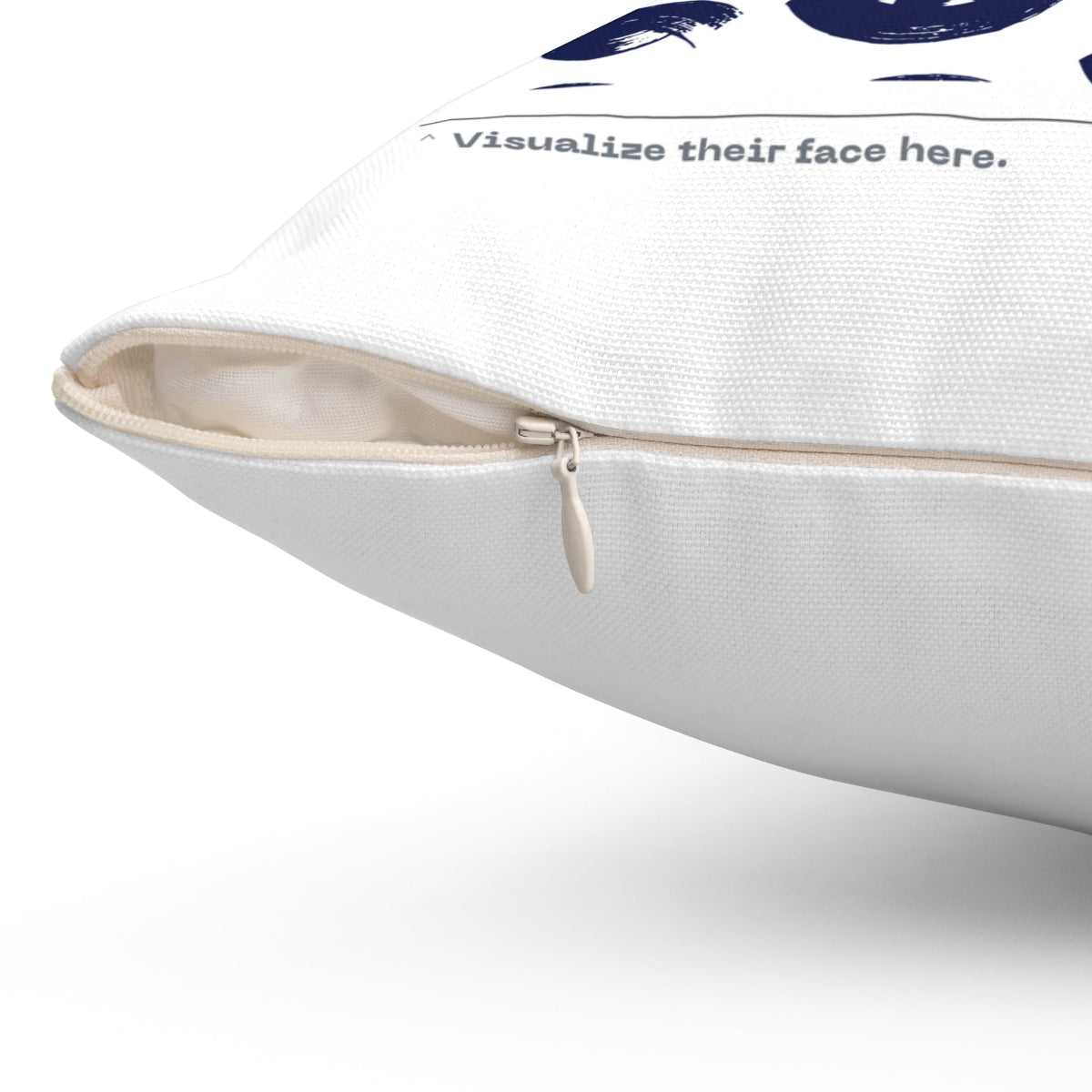 Close-up of the “Girl, Hit This!” pillow zipper showing durable stitching and cream-colored closure. The text “Visualize their face here.” appears along the edge — a humorous, high-quality detail from Office Off-Duty’s stress-relief home decor line.