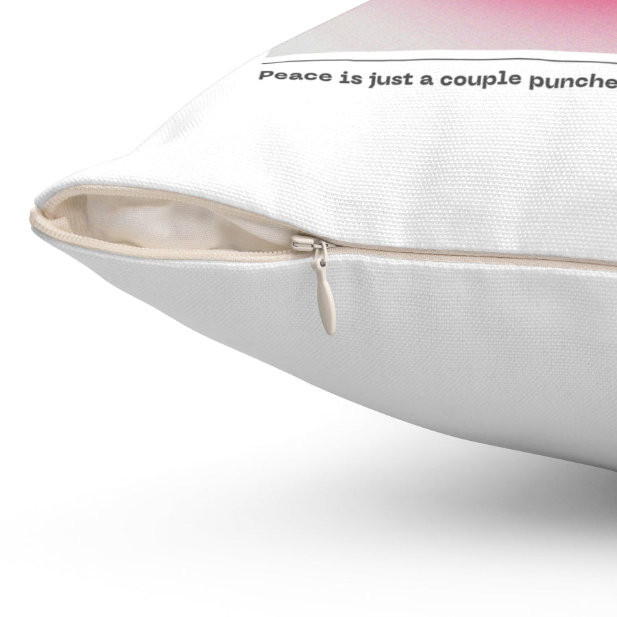 Close-up of the “Girl, Hit This!” pillow zipper showing durable stitching and cream-colored closure. The text “Visualize their face here.” appears along the edge — a humorous, high-quality detail from Office Off-Duty’s stress-relief home decor line.