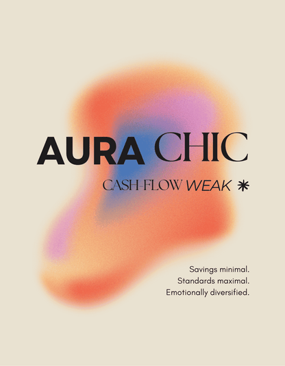 Close-up of Aura Chic Cash Flow Weak t-shirt design featuring an abstract iridescent gradient in warm pink, orange, and violet tones with minimalist black text that reads “AURA CHIC — Cash Flow Weak” and “Savings minimal. Standards maximal. Emotionally diversified.”