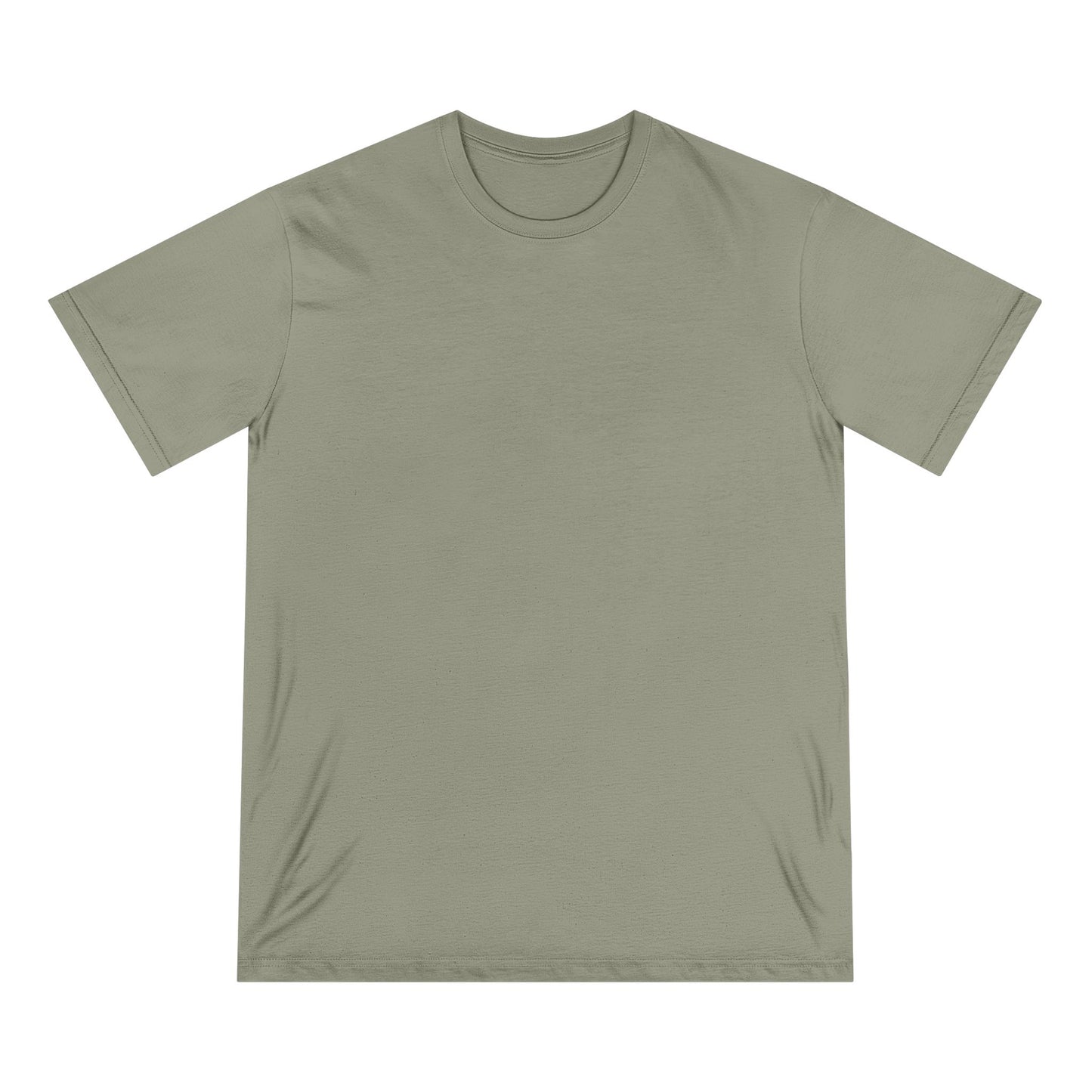 Front view of eucalyptus green organic cotton t-shirt from Office Off-Duty shown blank. The back features the Aura Chic Cash Flow Weak gradient design with minimalist black typography and soft pastel hues.