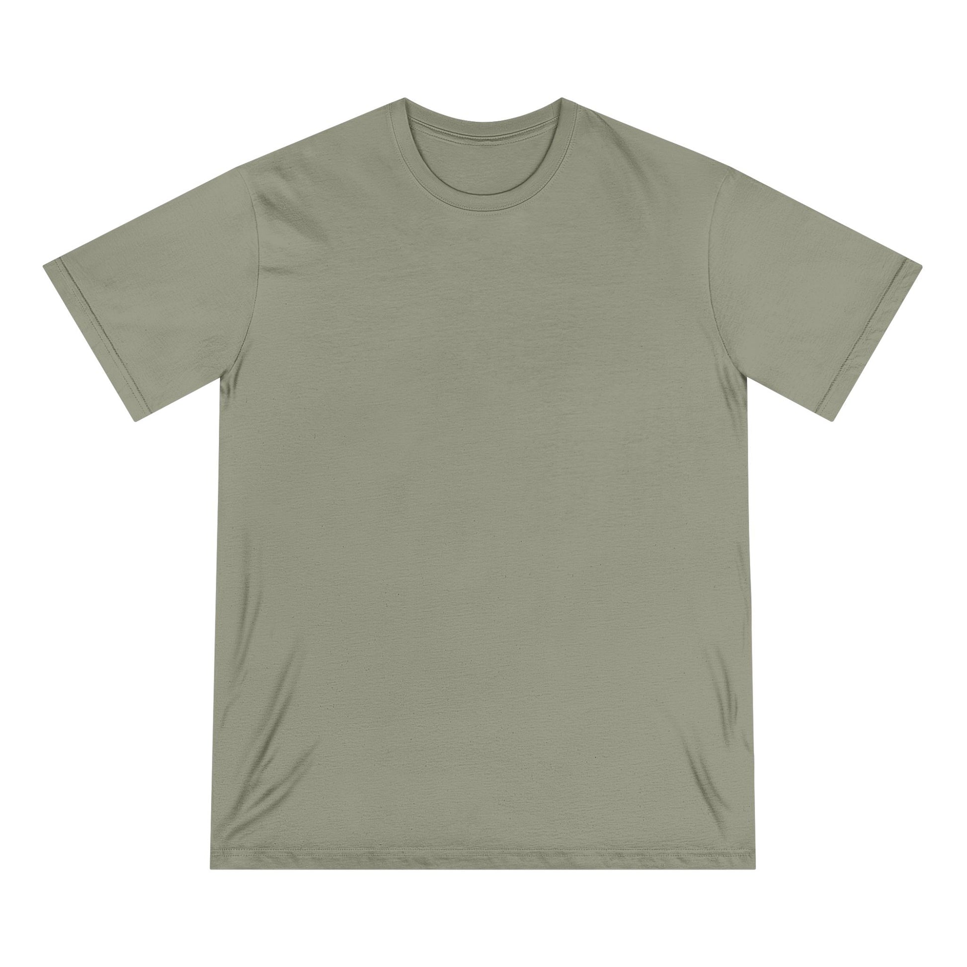 Front view of eucalyptus green organic cotton t-shirt from Office Off-Duty shown blank. The back features the Aura Chic Cash Flow Weak gradient design with minimalist black typography and soft pastel hues.