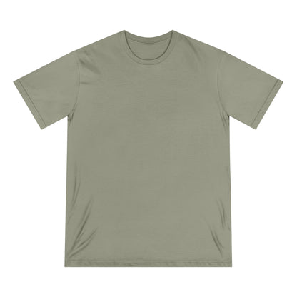 Front view of eucalyptus green organic cotton t-shirt from Office Off-Duty shown blank. The back features the Aura Chic Cash Flow Weak gradient design with minimalist black typography and soft pastel hues.