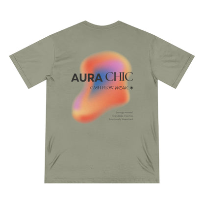 Back view of eucalyptus green organic cotton t-shirt featuring the Aura Chic Cash Flow Weak graphic with a soft iridescent gradient in coral, lilac, and gold tones. Text reads “AURA CHIC — Cash Flow Weak” and “Savings minimal. Standards maximal. Emotionally diversified.” from Office Off-Duty.