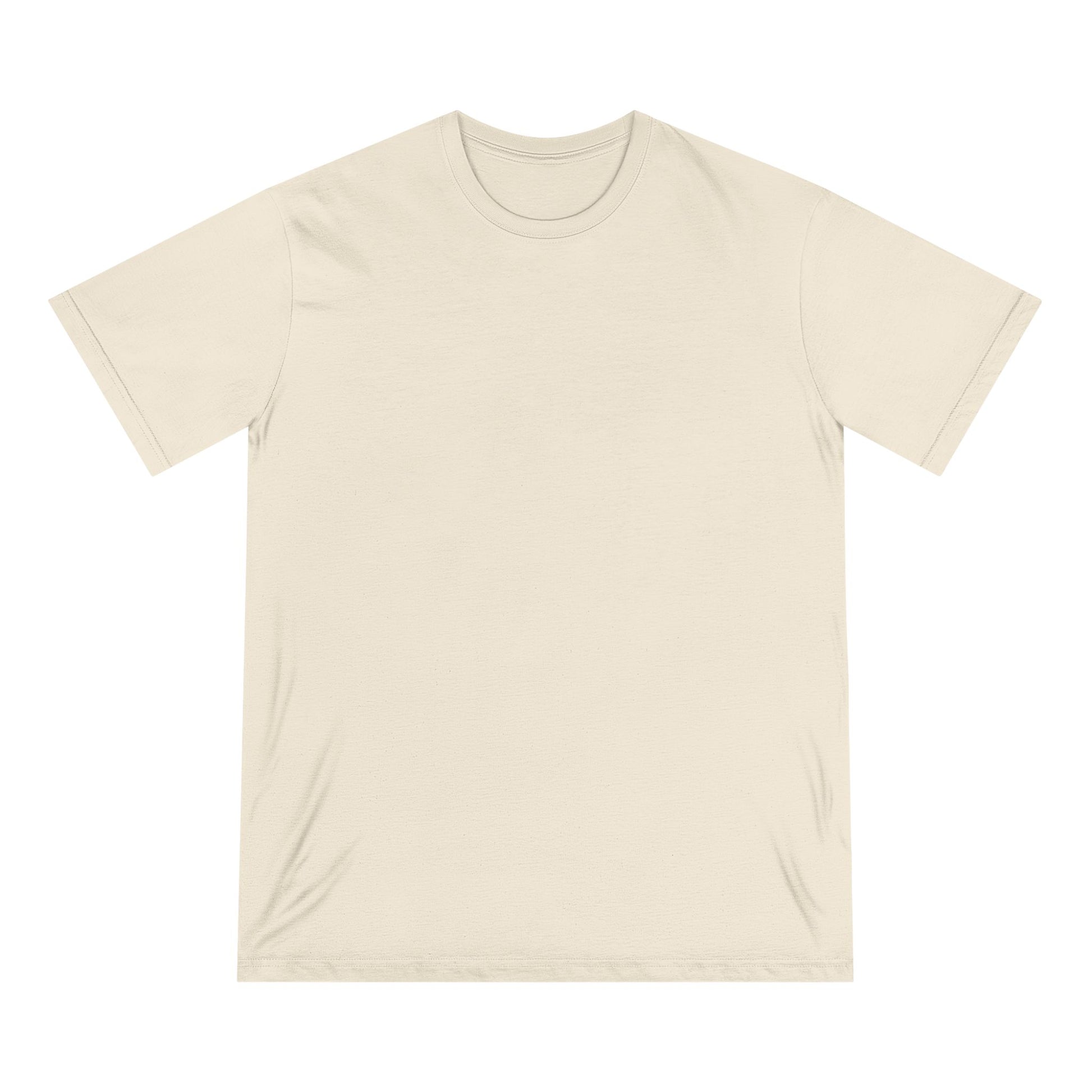 Front view of natural organic cotton t-shirt from Office Off-Duty featuring a minimalist blank front. The back design reads “AURA CHIC — Cash Flow Weak” with an iridescent aura gradient and the tagline “Savings minimal. Standards maximal. Emotionally diversified.”