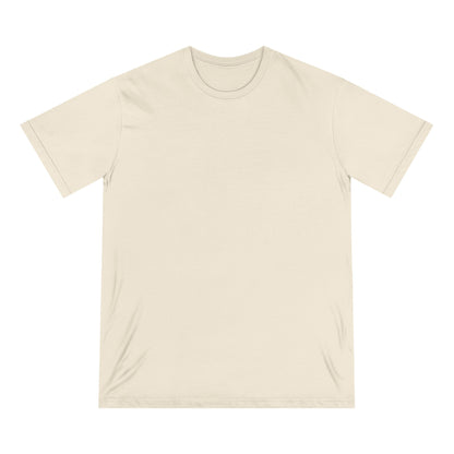Front view of natural organic cotton t-shirt from Office Off-Duty featuring a minimalist blank front. The back design reads “AURA CHIC — Cash Flow Weak” with an iridescent aura gradient and the tagline “Savings minimal. Standards maximal. Emotionally diversified.”
