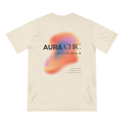 Back view of natural organic cotton t-shirt featuring an iridescent aura gradient design with text that reads “AURA CHIC — Cash Flow Weak” and the tagline “Savings minimal. Standards maximal. Emotionally diversified.” from Office Off-Duty.