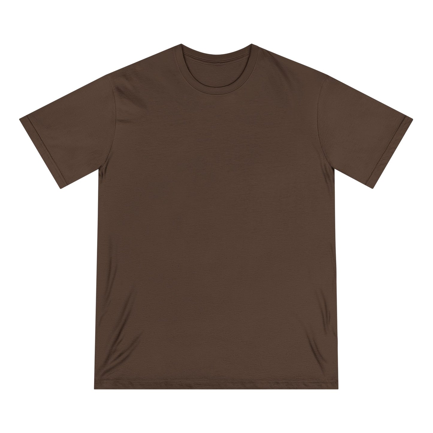Front view of walnut brown organic cotton t-shirt from Office Off-Duty shown blank with no visible design. The back features the Aura Chic Cash Flow Weak print — a soft gradient artwork with witty minimalist text.