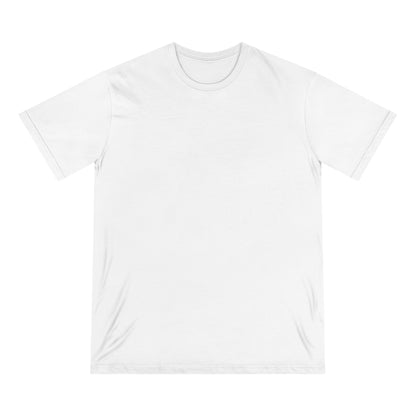 Front view of white organic cotton t-shirt from Office Off-Duty shown blank with no visible design. The back features the Aura Chic Cash Flow Weak graphic with an iridescent aura gradient and witty minimalist text.