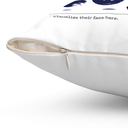 Close-up of the “Girl, Hit This!” pillow zipper showing durable stitching and cream-colored closure. The text “Visualize their face here.” appears along the edge — a humorous, high-quality detail from Office Off-Duty’s stress-relief home decor line.