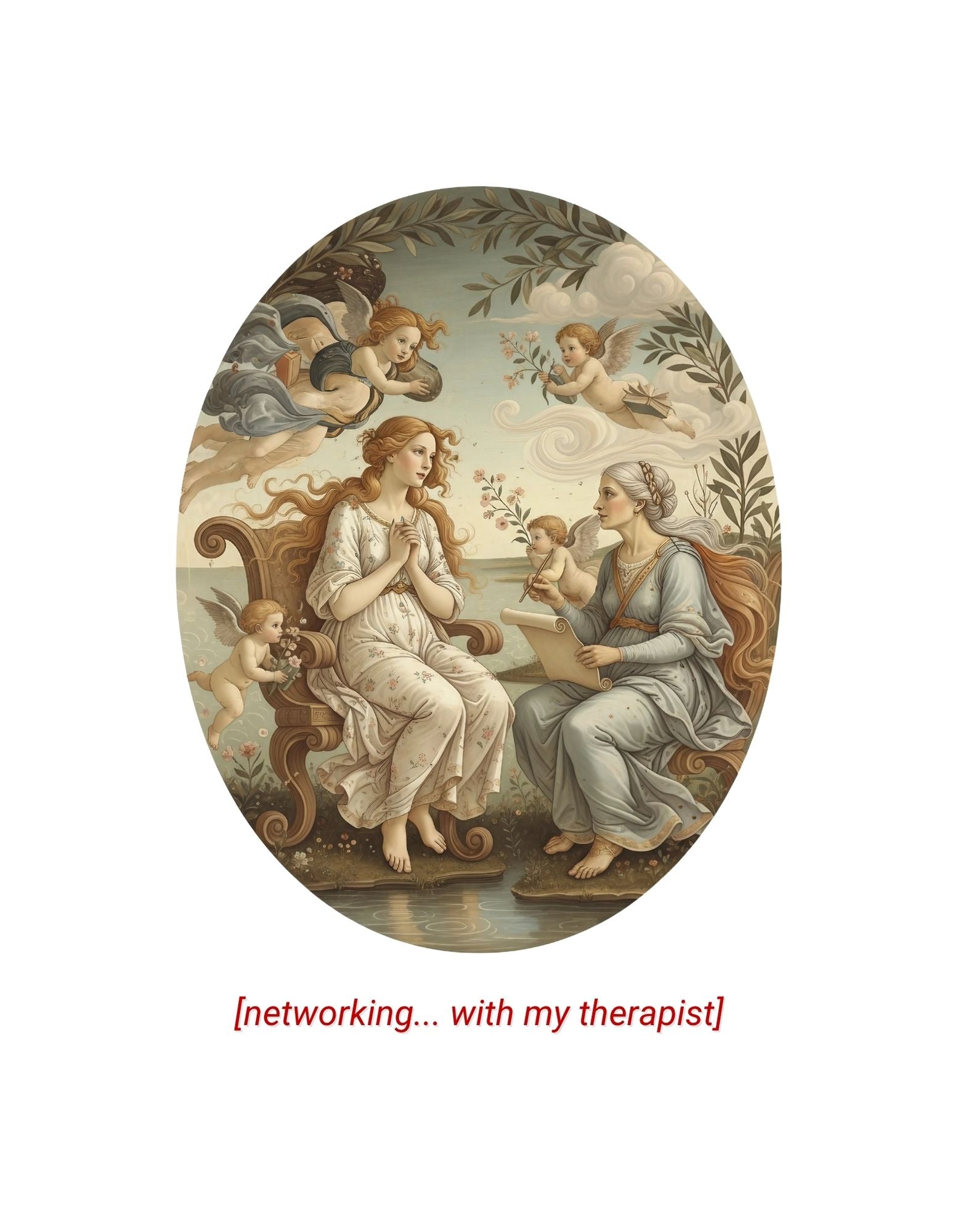 Close-up of vintage Renaissance-style artwork printed on a white t-shirt, showing two women in conversation surrounded by cherubs with red text reading “[networking... with my therapist]” beneath the image.