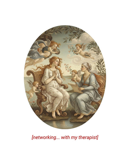 Close-up of vintage Renaissance-style artwork printed on a white t-shirt, showing two women in conversation surrounded by cherubs with red text reading “[networking... with my therapist]” beneath the image.