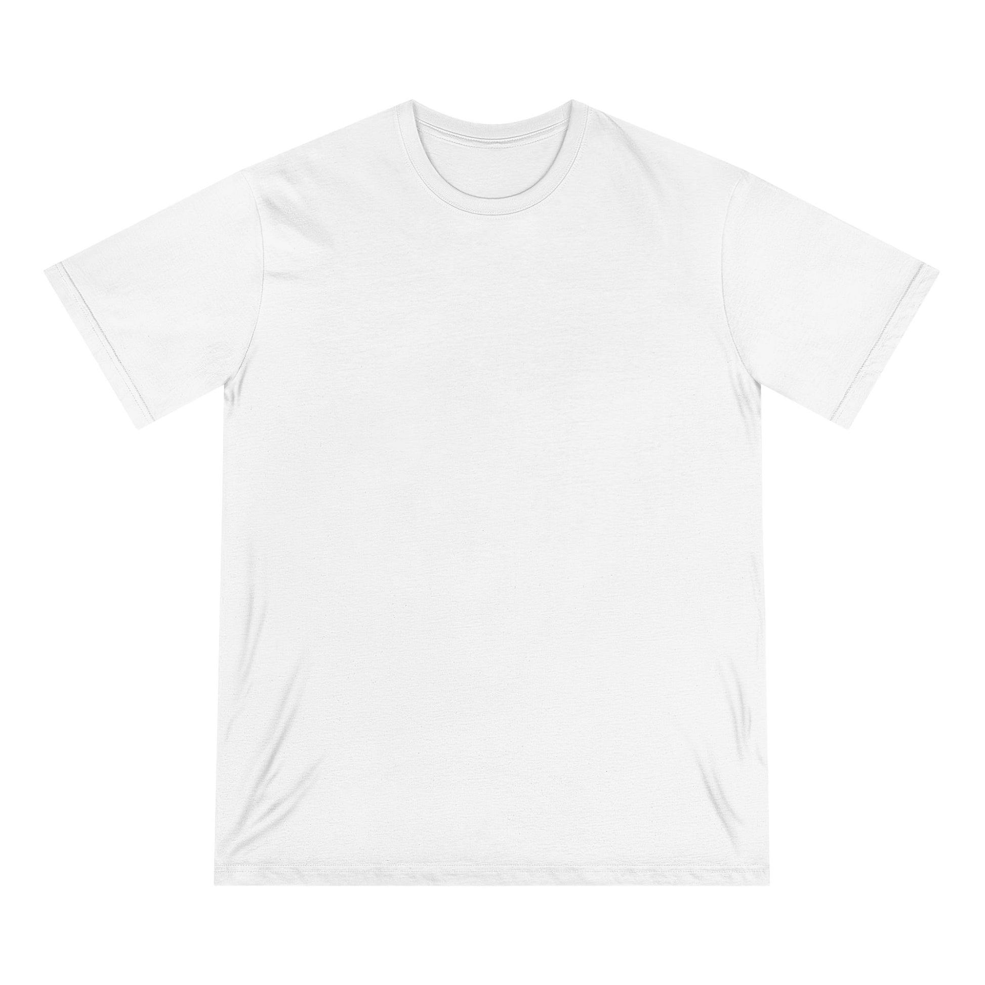 Front view of white unisex cotton t-shirt with minimalist design from Office Off-Duty. Plain front with the printed artwork featured on the back.