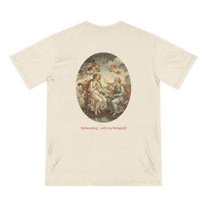 Back view of natural-colored cotton t-shirt featuring a vintage Renaissance-style painting of two women surrounded by cherubs with red text reading “[networking... with my therapist]” printed beneath the artwork.