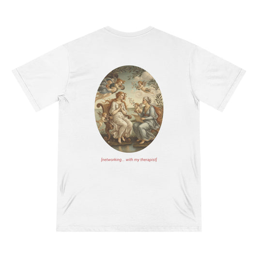 White organic cotton t-shirt featuring a vintage Renaissance-style painting of two women surrounded by cherubs with red text reading “[networking... with my therapist]” printed below the image.
