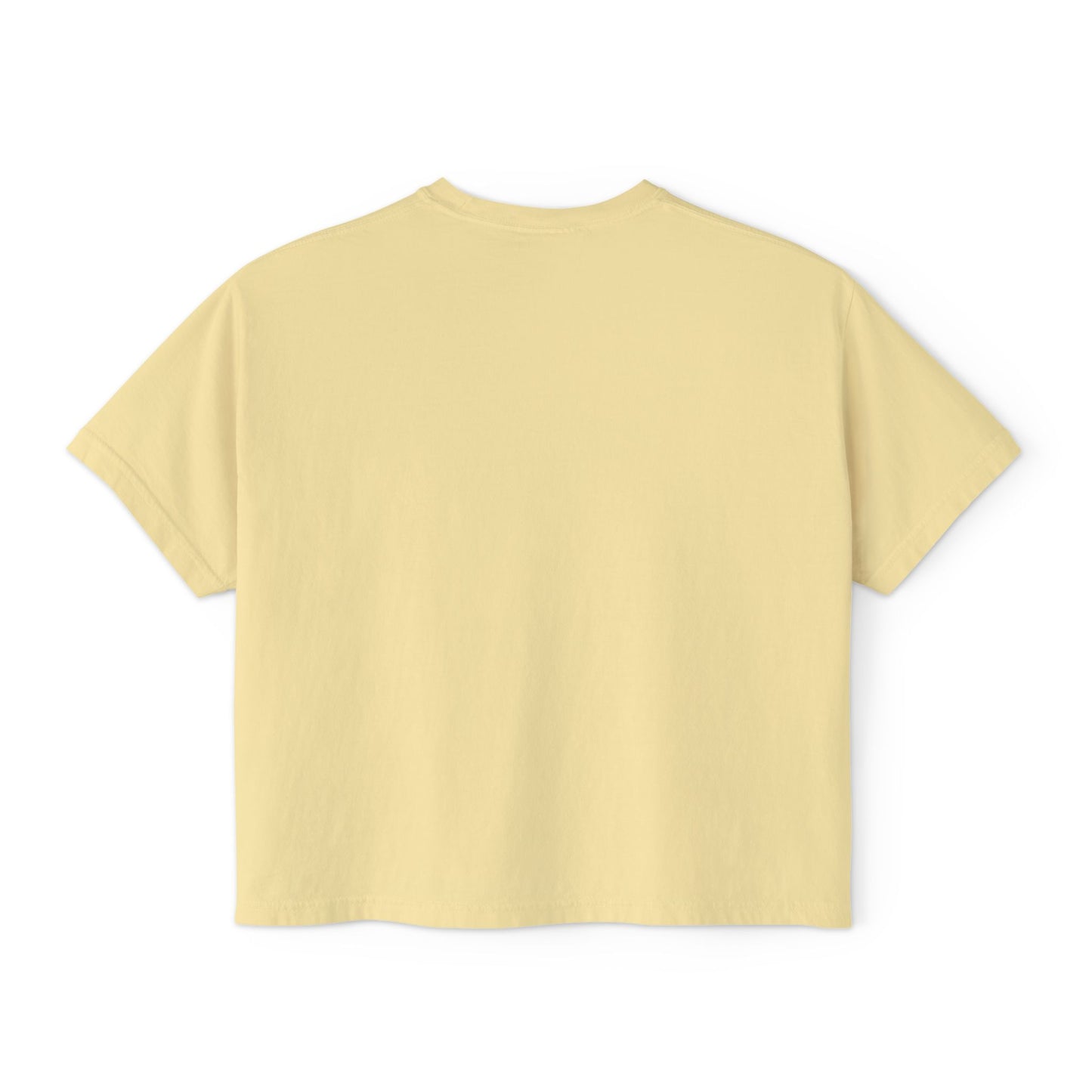 Back view of the “Out of Office, Emotionally” cropped tee by Office Off-Duty in butter yellow. Clean back design made from soft 100% ring-spun cotton with a relaxed cropped fit.