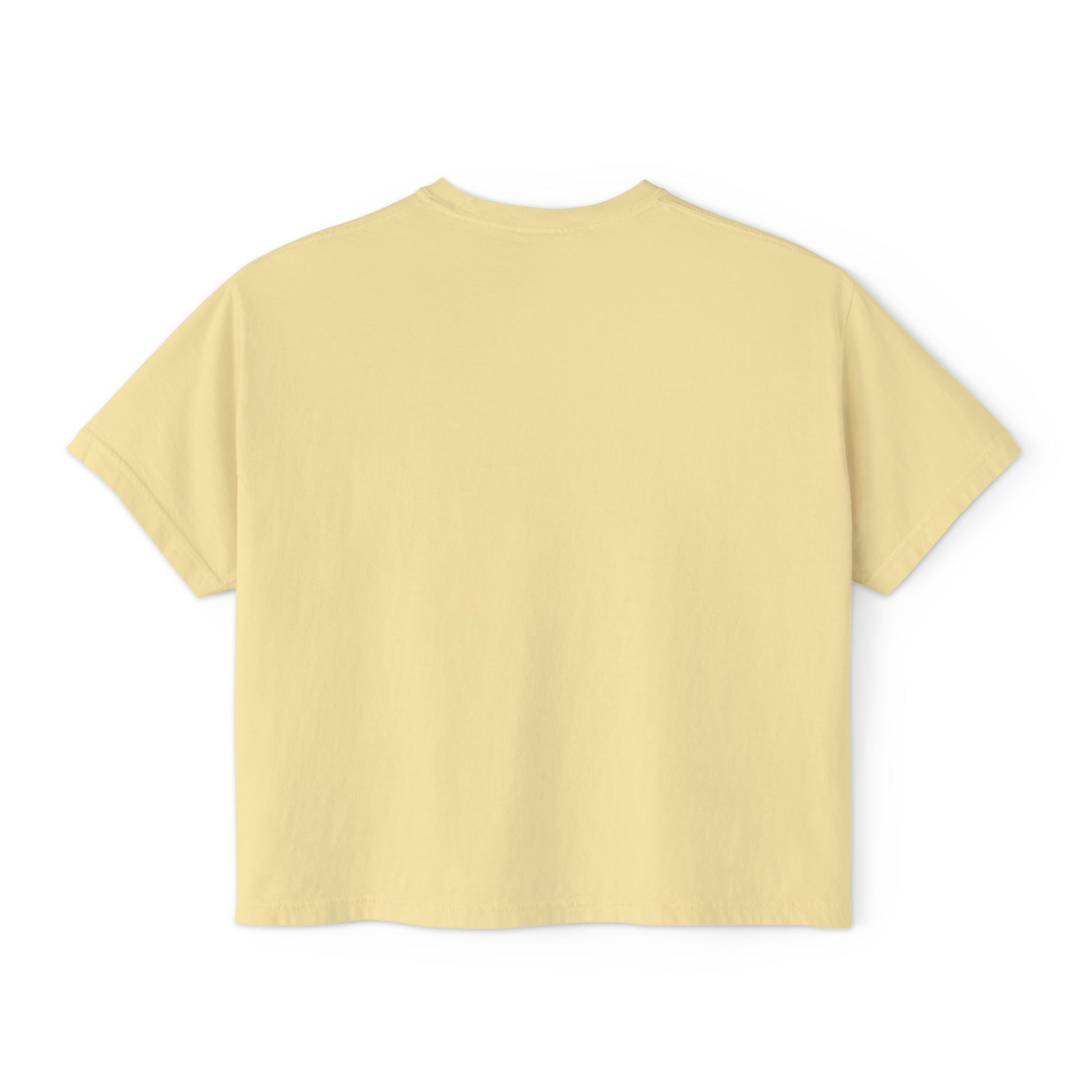 Back view of the “Out of Office, Emotionally” cropped tee by Office Off-Duty in butter yellow. Clean back design made from soft 100% ring-spun cotton with a relaxed cropped fit.