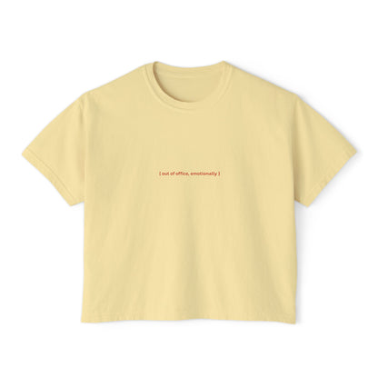 Front view of the “Out of Office, Emotionally” cropped tee by Office Off-Duty in butter yellow. Minimal red text design printed on soft 100% ring-spun cotton with a relaxed cropped silhouette — the perfect mix of witty and wearable.