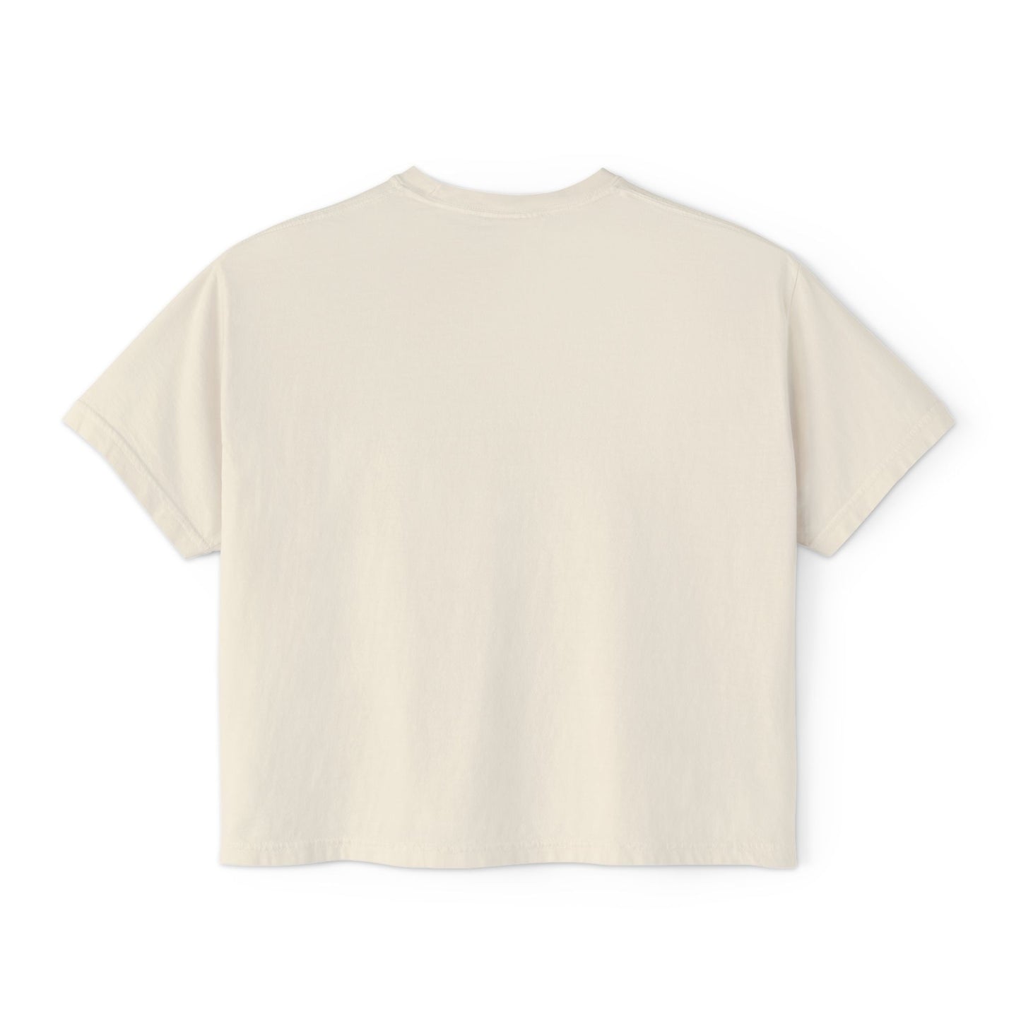 Back view of the “Out of Office, Emotionally” cropped tee by Office Off-Duty in ivory. Minimalist design with a clean back and soft 100% cotton cropped silhouette.