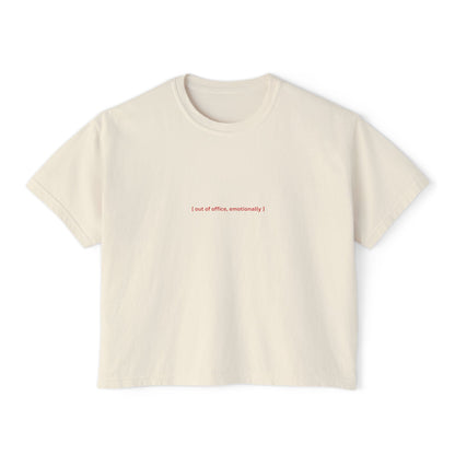 Front view of the “Out of Office, Emotionally” cropped tee by Office Off-Duty in ivory. A soft 100% cotton relaxed-fit crop with minimalist red text centered on the chest — quietly sarcastic and burnout-coded.