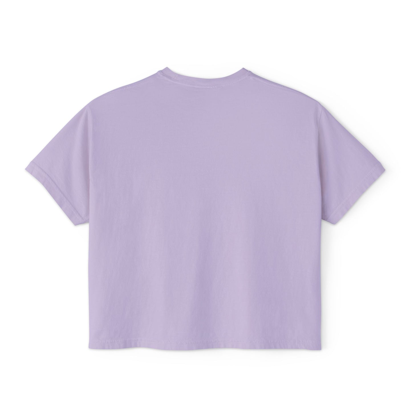 Back view of the “Out of Office, Emotionally” cropped tee by Office Off-Duty in orchid. Clean, minimalist back on a soft 100% cotton cropped fit.
