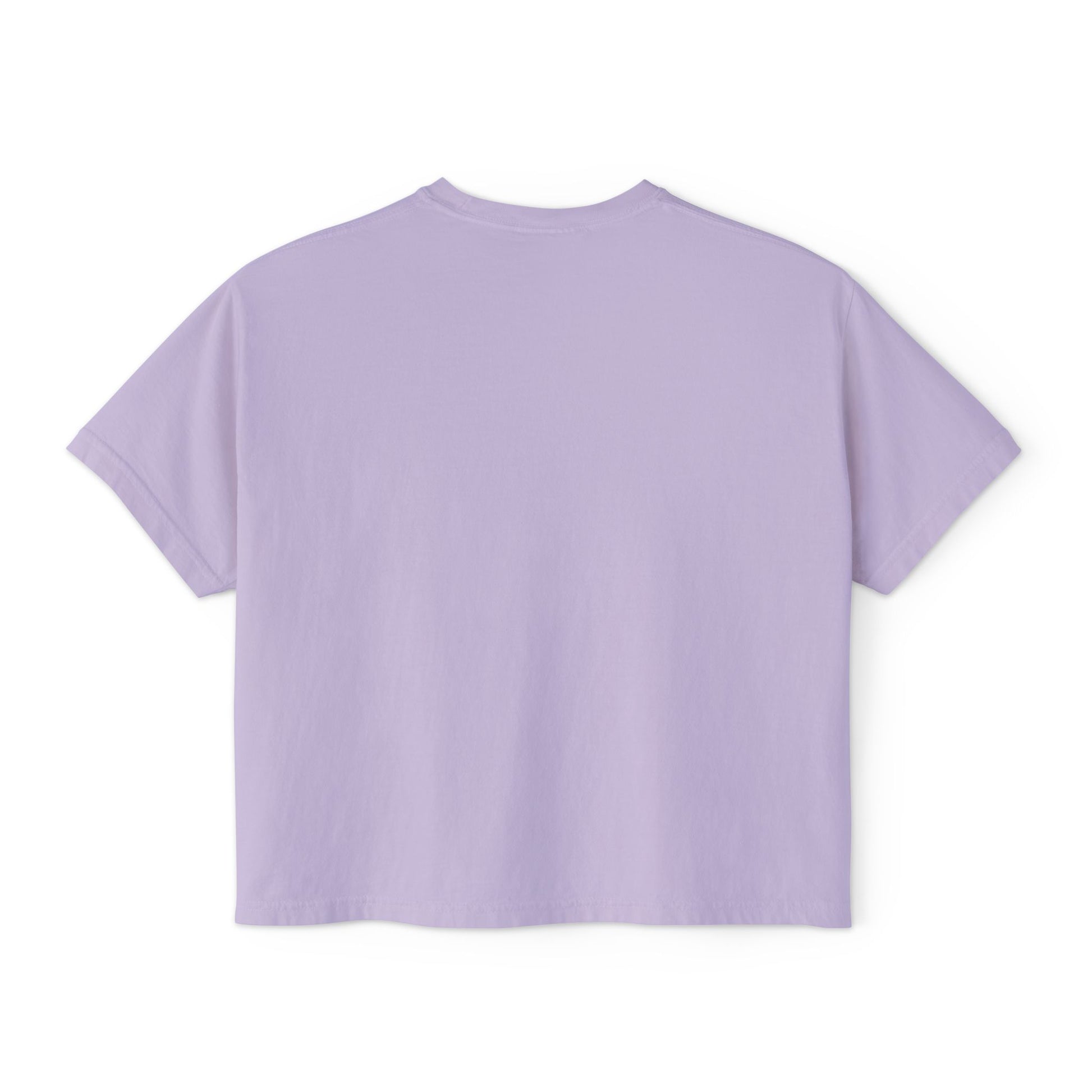 Back view of the “Out of Office, Emotionally” cropped tee by Office Off-Duty in orchid. Clean, minimalist back on a soft 100% cotton cropped fit.
