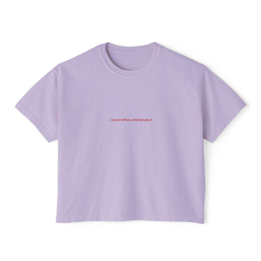 Front view of the “Out of Office, Emotionally” cropped tee by Office Off-Duty in orchid. A soft 100% cotton relaxed-fit crop with minimalist red text across the chest — equal parts burnout humor and main-character boundary energy.