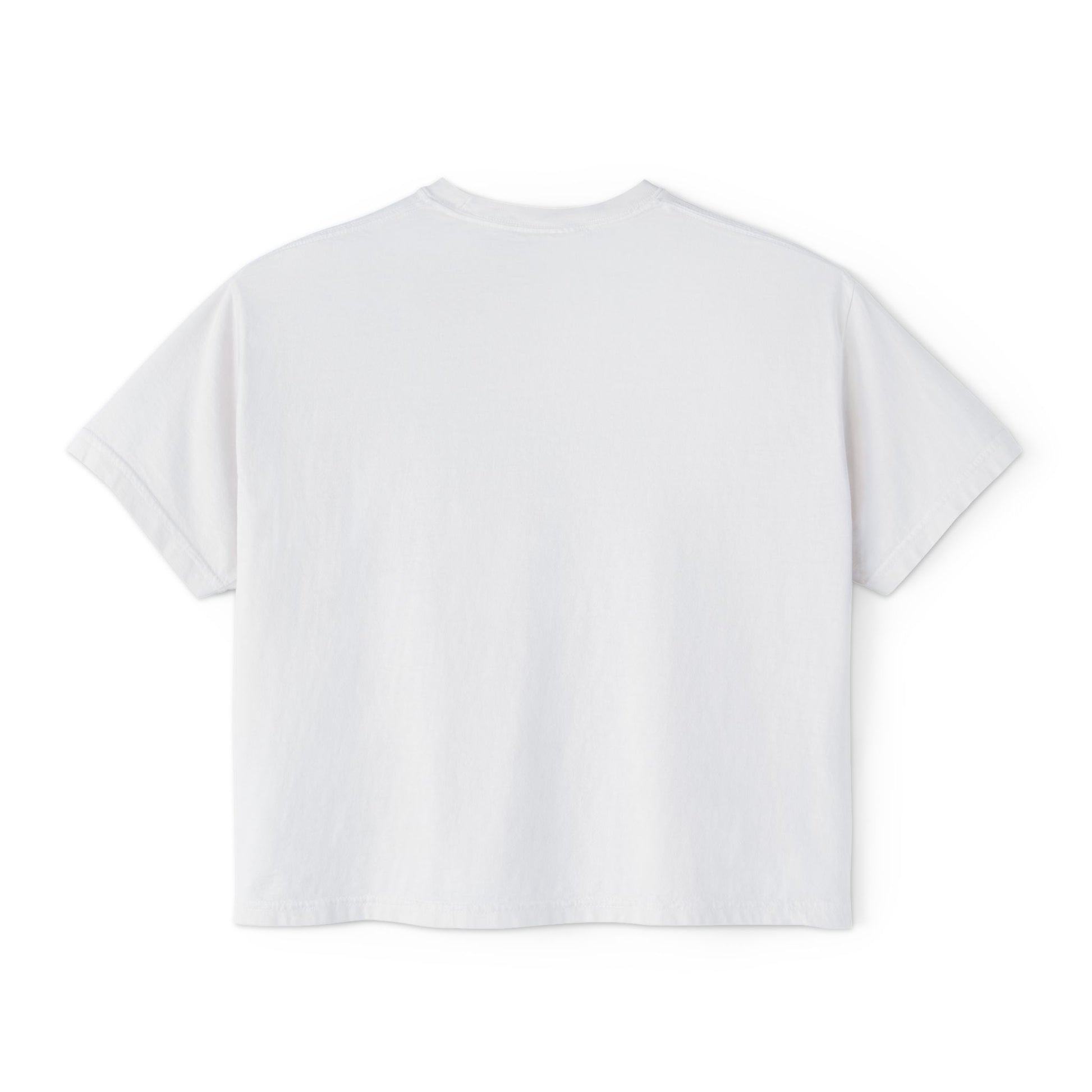 Back view of the “Out of Office, Emotionally” cropped tee by Office Off-Duty in white. Clean minimalist back, made from soft 100% ring-spun cotton with a relaxed cropped fit.