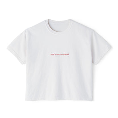 Front view of the “Out of Office, Emotionally” cropped tee by Office Off-Duty in white. Soft 100% ring-spun cotton with minimalist red text across the chest — a witty nod to emotional burnout in a clean, elevated design.