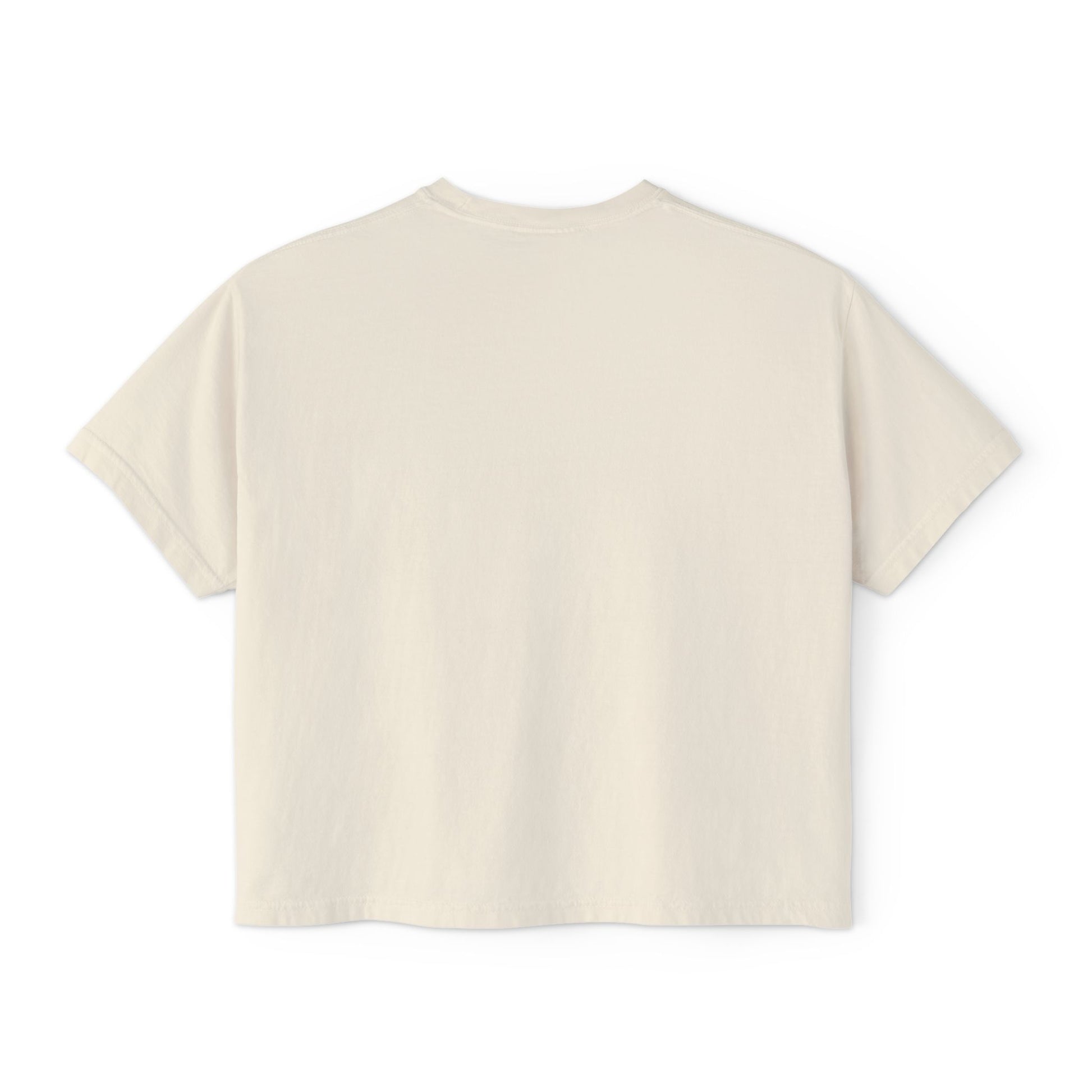Back view of the “Pre-Revenue, Post-Sanity” cropped tee by Office Off-Duty in ivory. Minimalist, blank back with a relaxed, boxy fit made from soft 100% cotton.