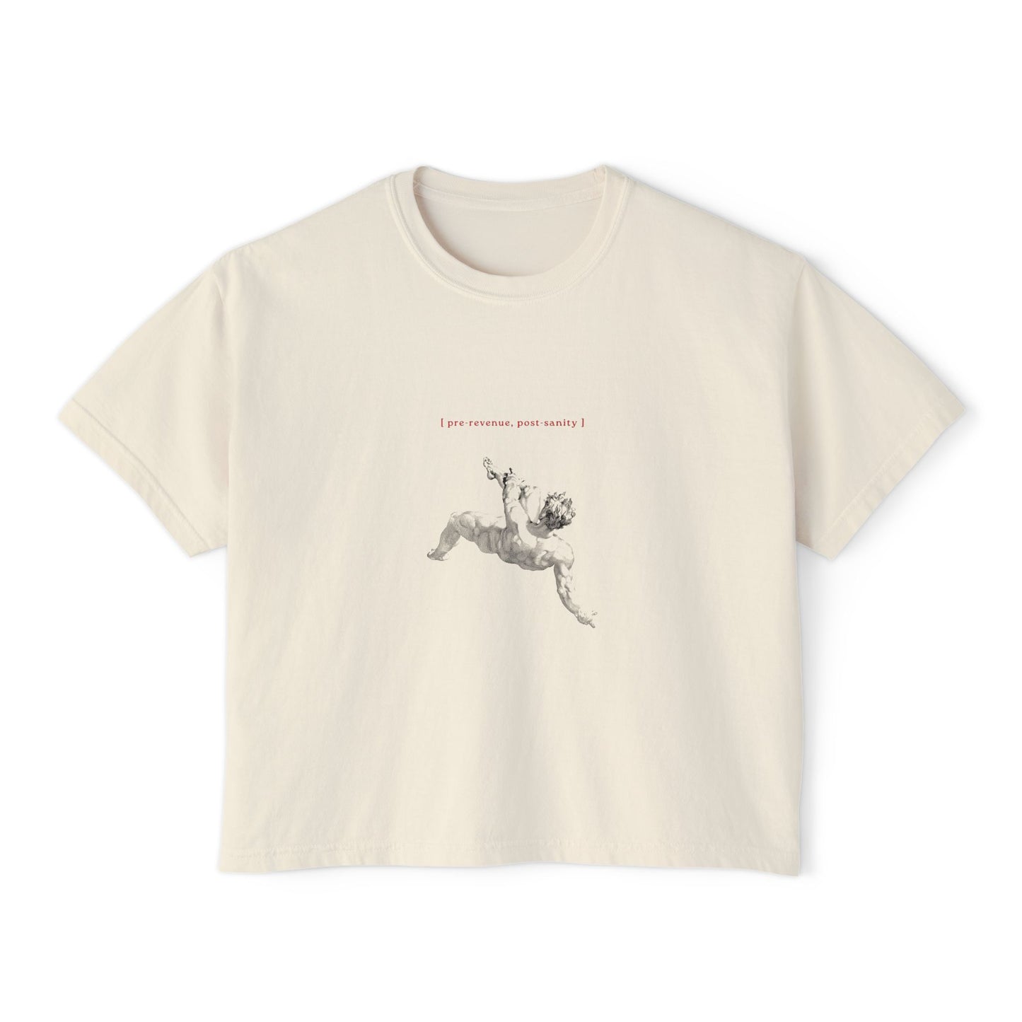 Front view of the “Pre-Revenue, Post-Sanity” cropped tee by Office Off-Duty in ivory. Features minimalist red text and a grayscale classical figure in freefall — a tongue-in-cheek ode to founders losing their minds before profits arrive.