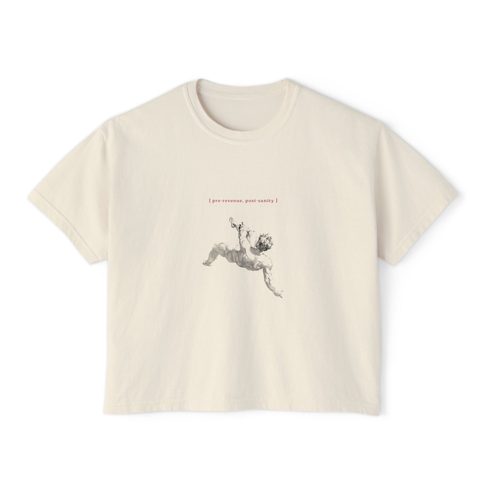 Front view of the “Pre-Revenue, Post-Sanity” cropped tee by Office Off-Duty in ivory. Features minimalist red text and a grayscale classical figure in freefall — a tongue-in-cheek ode to founders losing their minds before profits arrive.