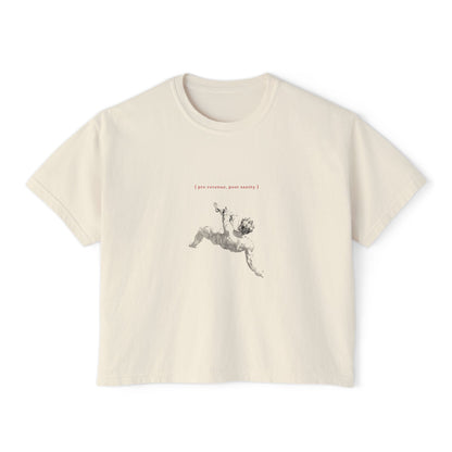 Front view of the “Pre-Revenue, Post-Sanity” cropped tee by Office Off-Duty in ivory. Features minimalist red text and a grayscale classical figure in freefall — a tongue-in-cheek ode to founders losing their minds before profits arrive.