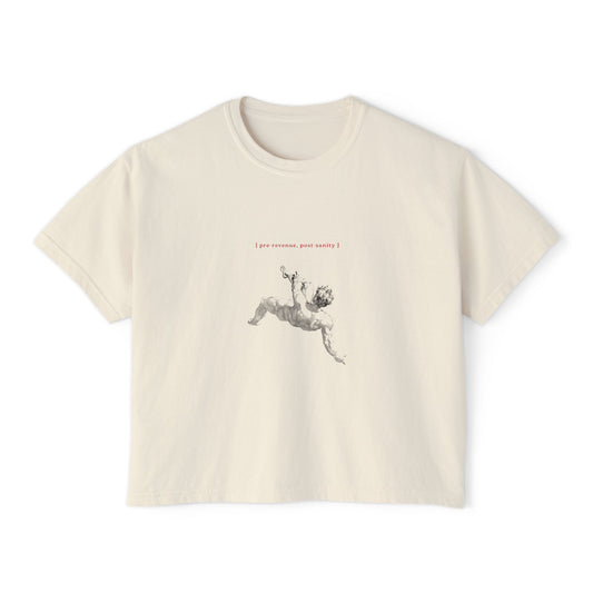 Front view of the “Pre-Revenue, Post-Sanity” cropped tee by Office Off-Duty in ivory. Features minimalist red text and a grayscale classical figure in freefall — a tongue-in-cheek ode to founders losing their minds before profits arrive.