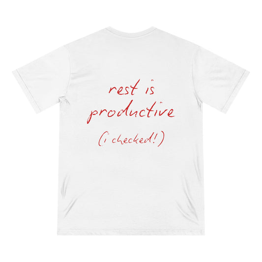 Back view of the “Rest Is Productive (I Checked!)” organic cotton tee by Office Off-Duty in white. Features red handwritten-style text reminding you that slowing down is still progress. Made from 100% certified organic cotton for a soft, breathable feel.