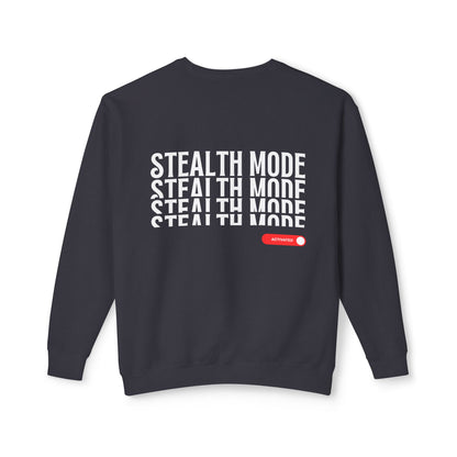Back view of the “Stealth Mode” sweatshirt by Office Off-Duty in black. Features stacked white “STEALTH MODE” text with a red toggle switch labeled “ACTIVATED.” Crafted from 100% ring-spun cotton for a soft, structured feel — ideal for low-social-battery days and quiet power moves.