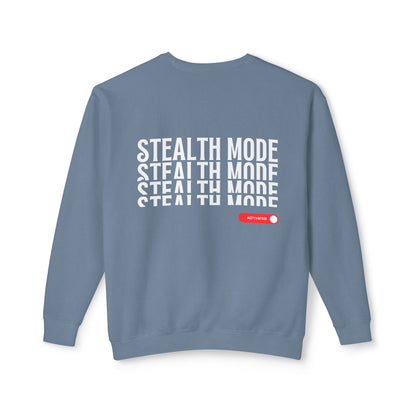 Back view of the “Stealth Mode” sweatshirt by Office Off-Duty in blue jean. Features stacked white “STEALTH MODE” text with a red toggle switch labeled “ACTIVATED.” Made from 100% ring-spun cotton — your uniform for quiet ambition and main-character-level focus.