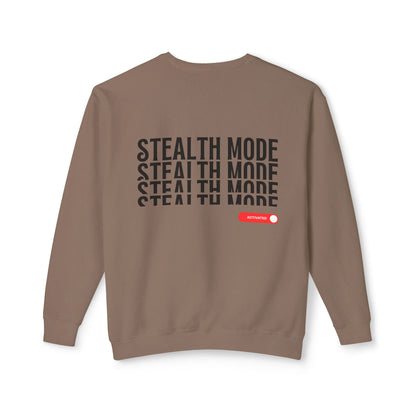 Back view of the “Stealth Mode” sweatshirt by Office Off-Duty, made from 100% ring-spun cotton in espresso brown. Features bold stacked black “STEALTH MODE” text and a red toggle graphic labeled “ACTIVATED.” The perfect uniform for quiet confidence and off-grid ambition.