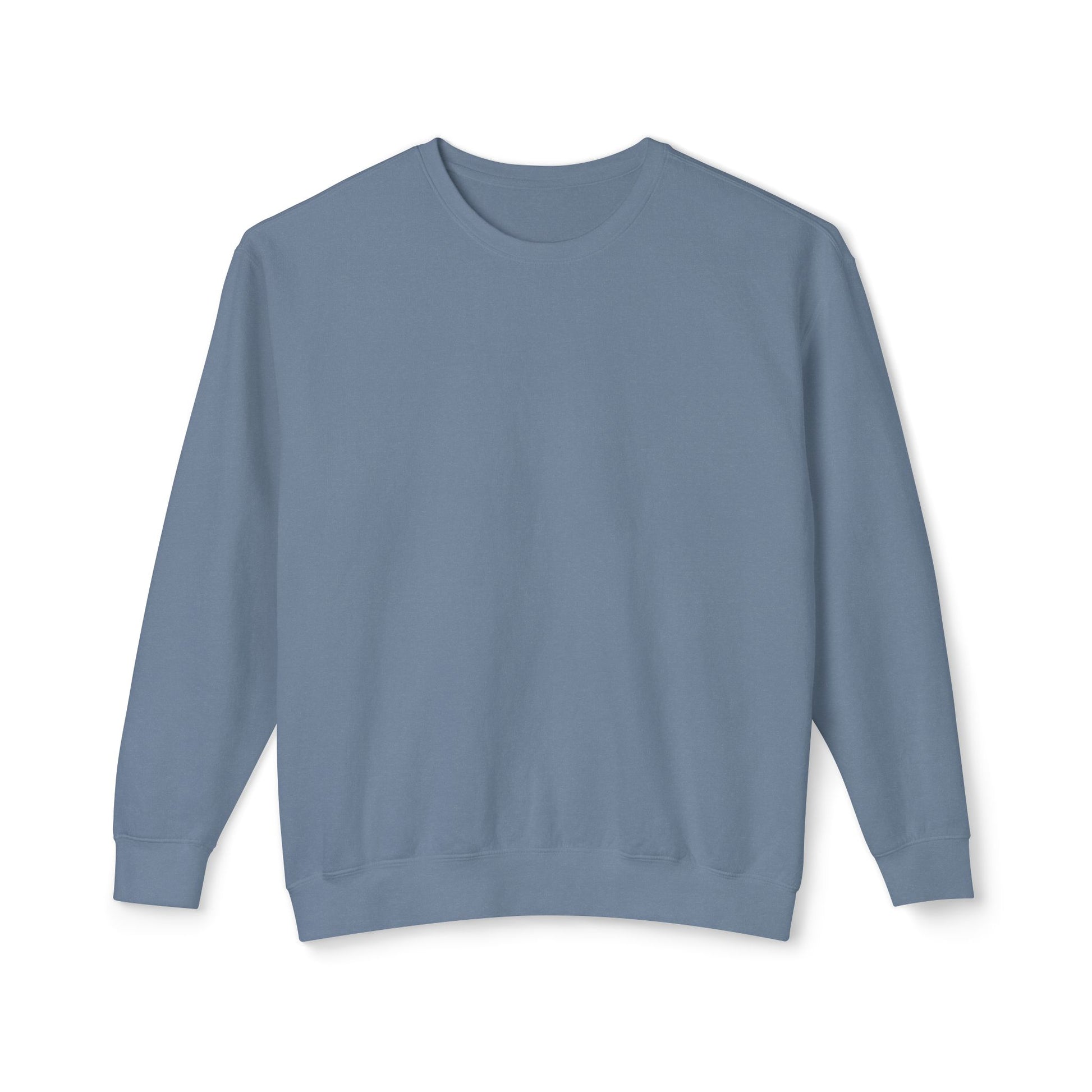 Front view of the “Stealth Mode” sweatshirt by Office Off-Duty in blue jean. A minimalist, 100% ring-spun cotton crewneck built for clarity, quiet confidence, and off-grid energy.