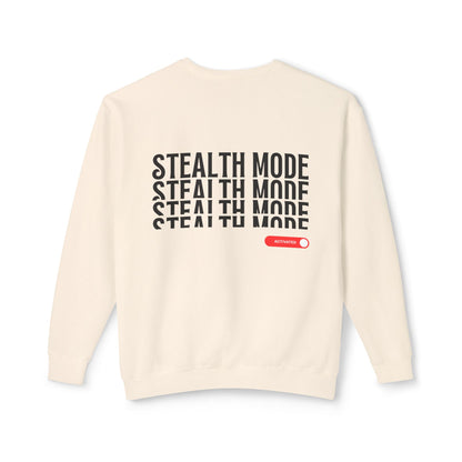 Back view of the “Stealth Mode” sweatshirt by Office Off-Duty in ivory. Features bold black “STEALTH MODE” typography with a red toggle switch reading “ACTIVATED.” Made from 100% ring-spun cotton for premium comfort and an effortlessly composed look.